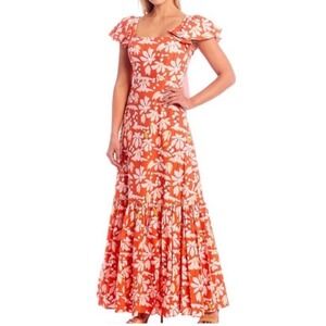 Sachin And Babi Darcy Dress Womens Size 4 Orange Tropical Tiered Ruffle Maxi Bow